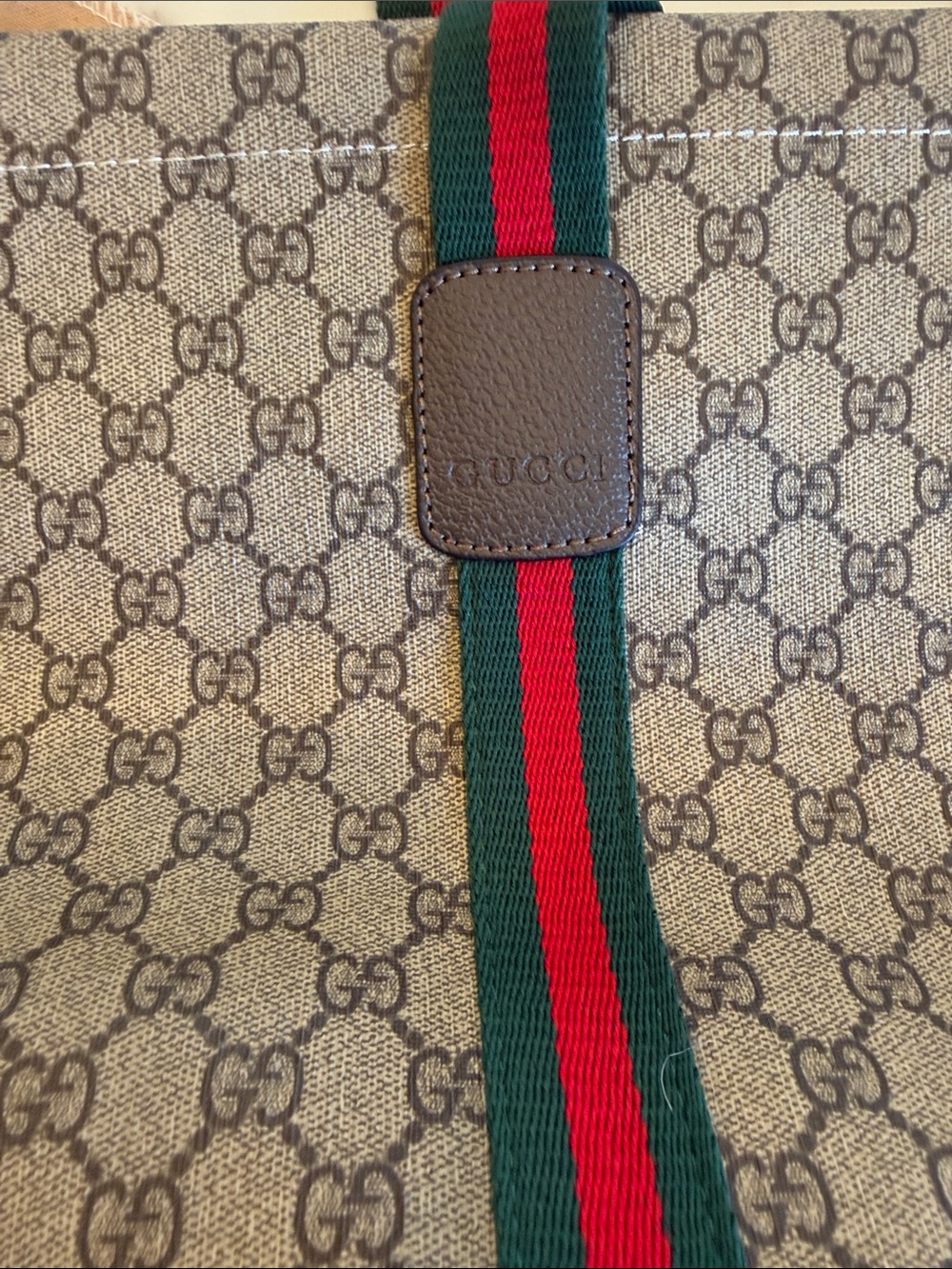 “Gucci” Beige GG Canvas Tote with Green and Red Web Straps - Picture 6 of 11